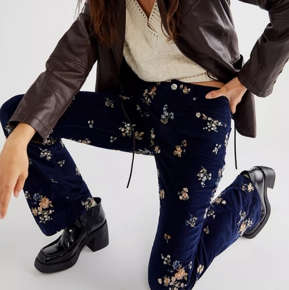 Free People Driftwood Floral Embroidered Velour Pants - Picture 7 of 11